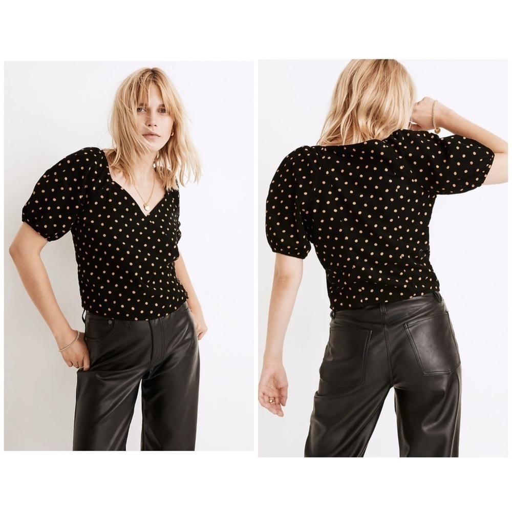 Madewell Corduroy Puff-Sleeve Wrap Top in Oval Dot Women's Size Small Black